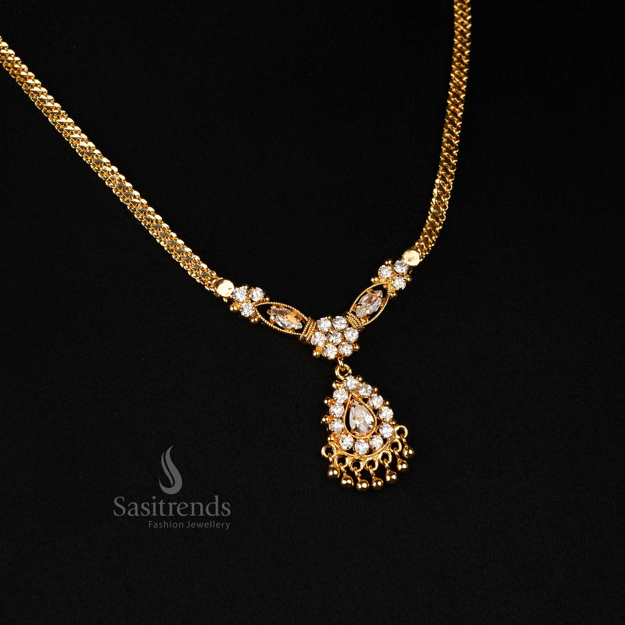 One gram gold plated teardrop necklace with floral detailing and hanging beads, guaranteed real gold-like appearance - Sasitrends