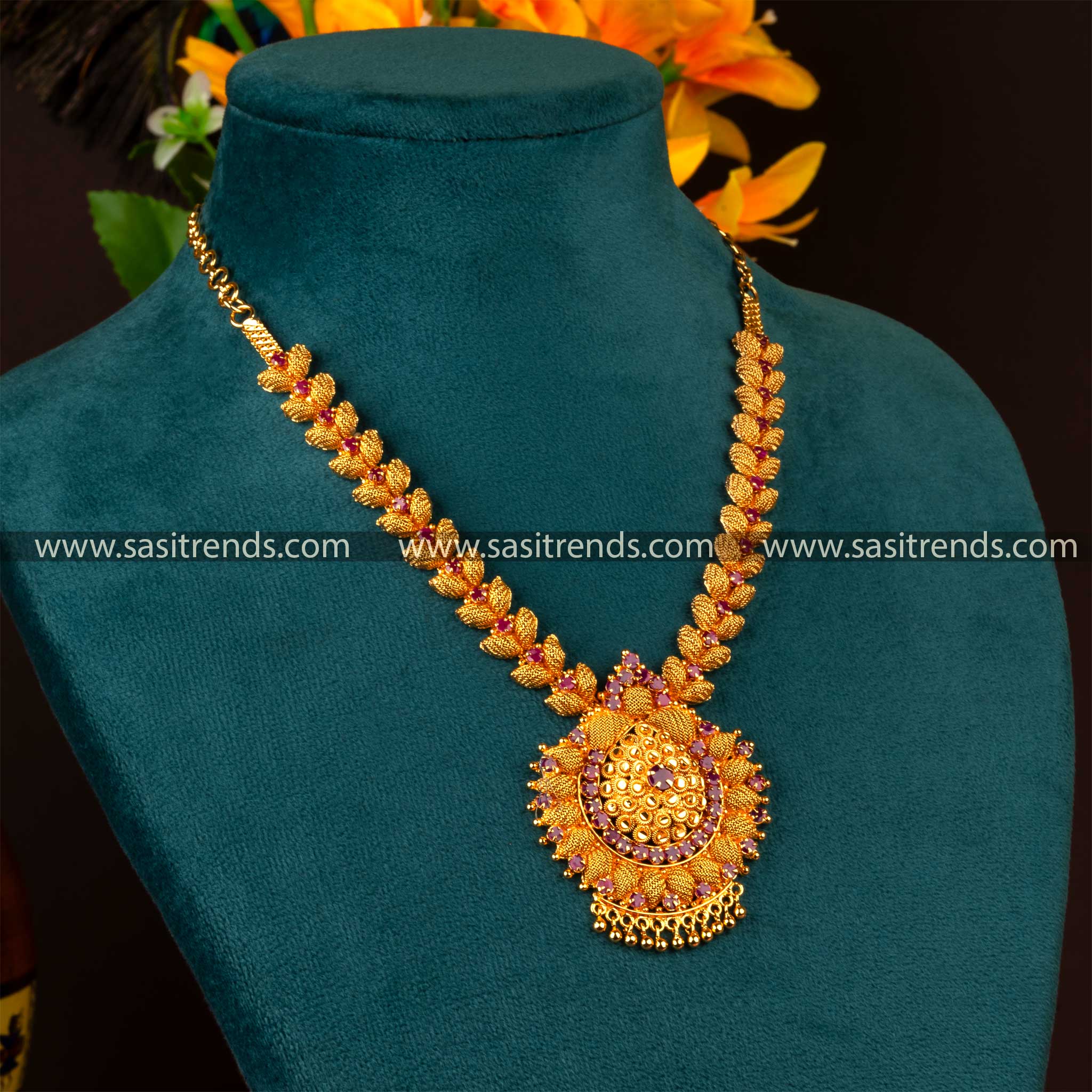 Exquisite 1 Gram Micro Gold Plated Necklace with Stunning Full Ruby Stones - Traditional Elegance