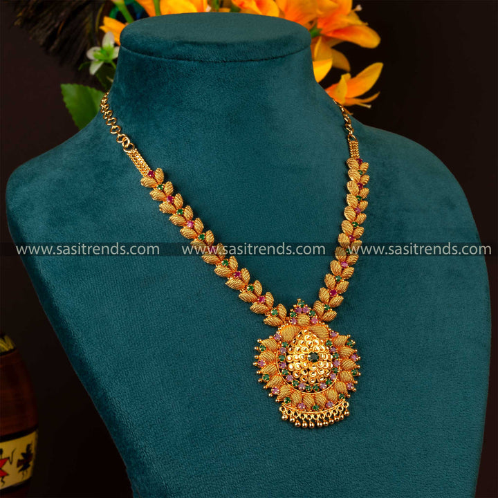 Elegant 1 Gram Micro Gold Plated Necklace with Captivating Ruby-Green Stones - Traditional Elegance