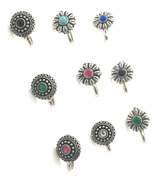 Sasitrends - Elegant Traditional Oxidised Silver Nose Pins Combo Set