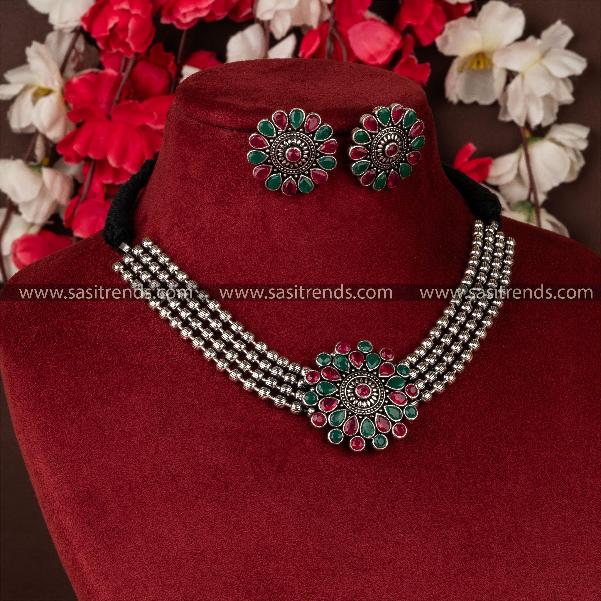 Traditional Wear Flower Oxidised German Silver Choker Five Layered Beads Ruby Green Jewellery Set