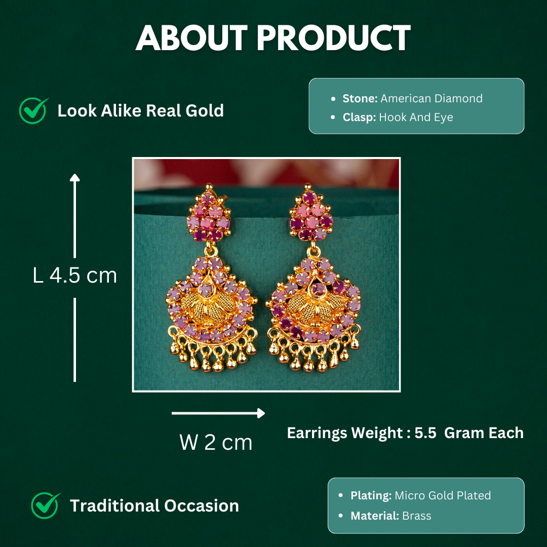 Traditional Micro Gold Plated AD Stone Studded Guaranteed Earrings Measurement Details