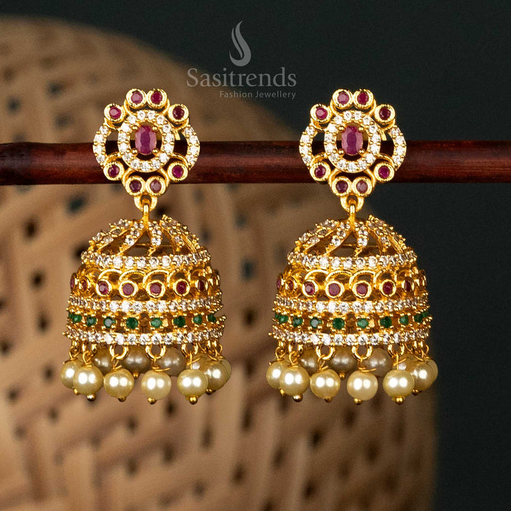 Dazzling Micro Gold-Plated Traditional Floral Jhumka Earrings with Red and Green Accents, Dome Design, and Elegant Pearl Hangings - Sasitrends