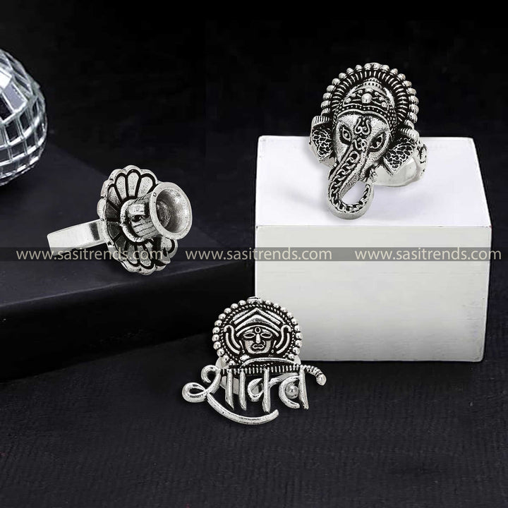 Eclectic Trio Oxidised Silver Adjustable Rings Set for Women & Girls