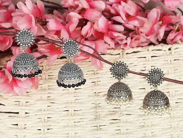 Traditional Oxidised German Silver Floral Designer Pearl Jhumka Earrings 