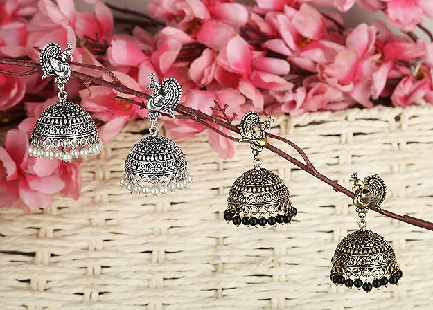 Exquisite Traditional Oxidised German Silver Combo Earrings Jhumka Set