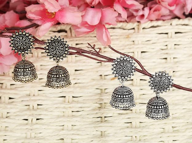 Oxidized German Silver Floral Designer Jhumka Earrings