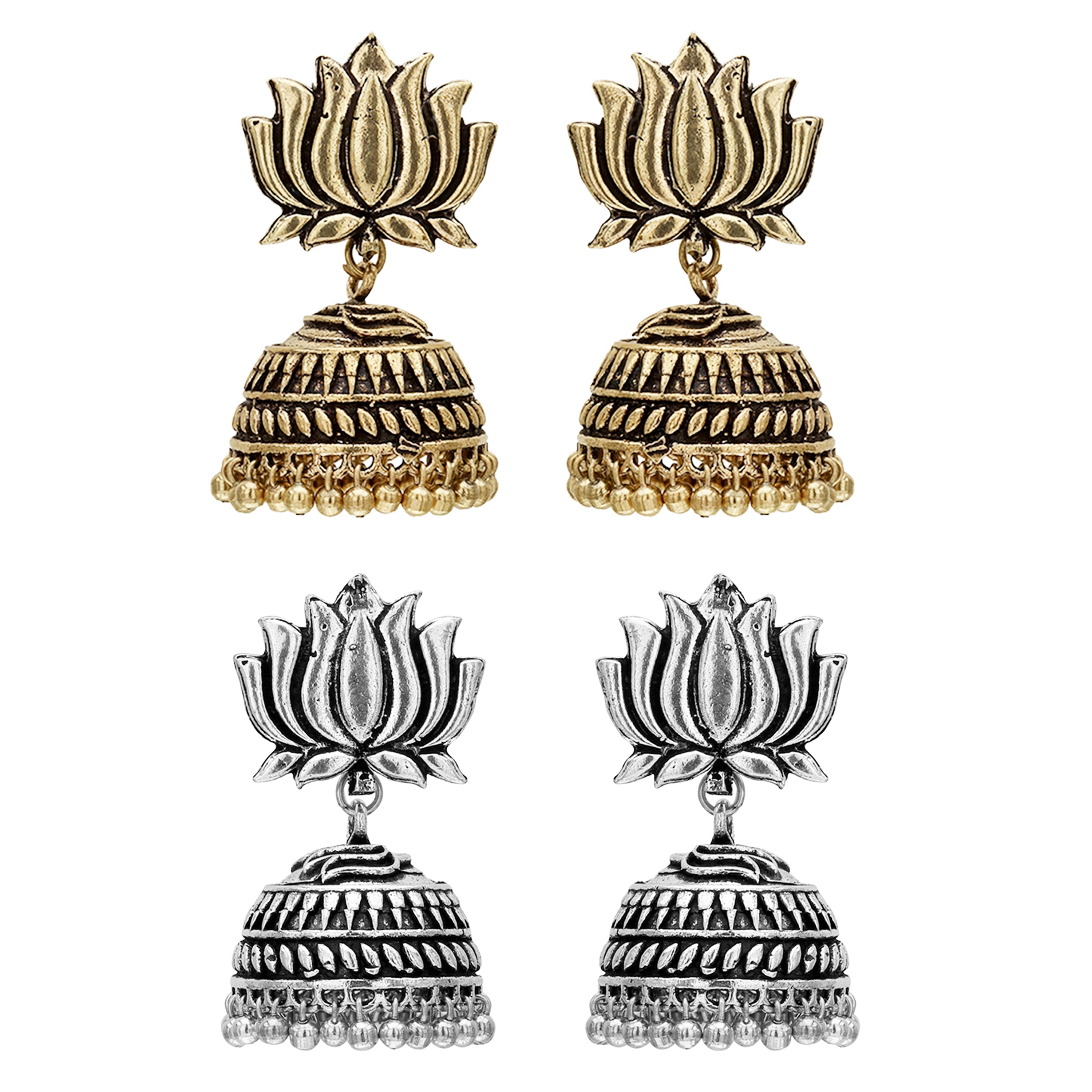 Oxidized German Silver Lotus Designer Jhumka Earrings