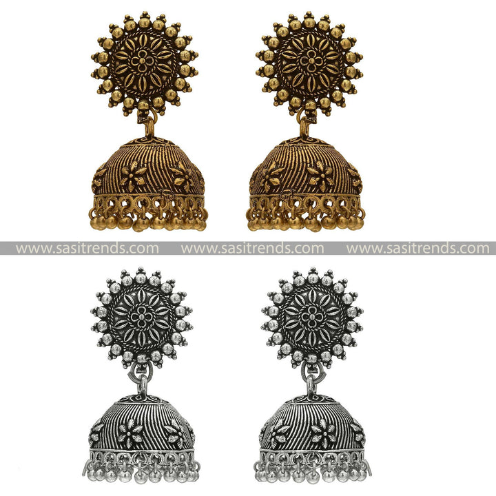 Traditional Elegance Combo: Floral Studs Oxidised Silver & Antique Gold Jhumka Earrings Set