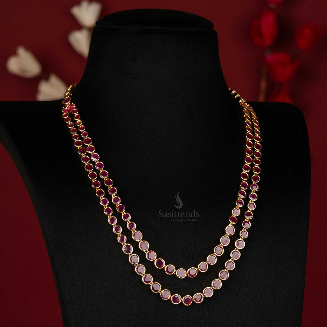 Micro Gold Plated Two-Line Ruby Necklace with American Diamonds