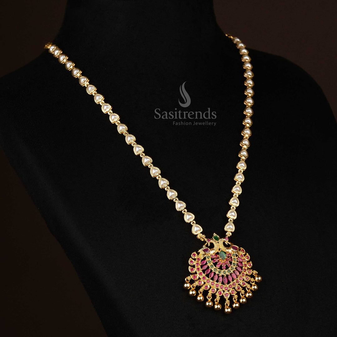 Ornate ruby-green peacock AD stone necklace with pearl chain for festive wear - Sasitrends