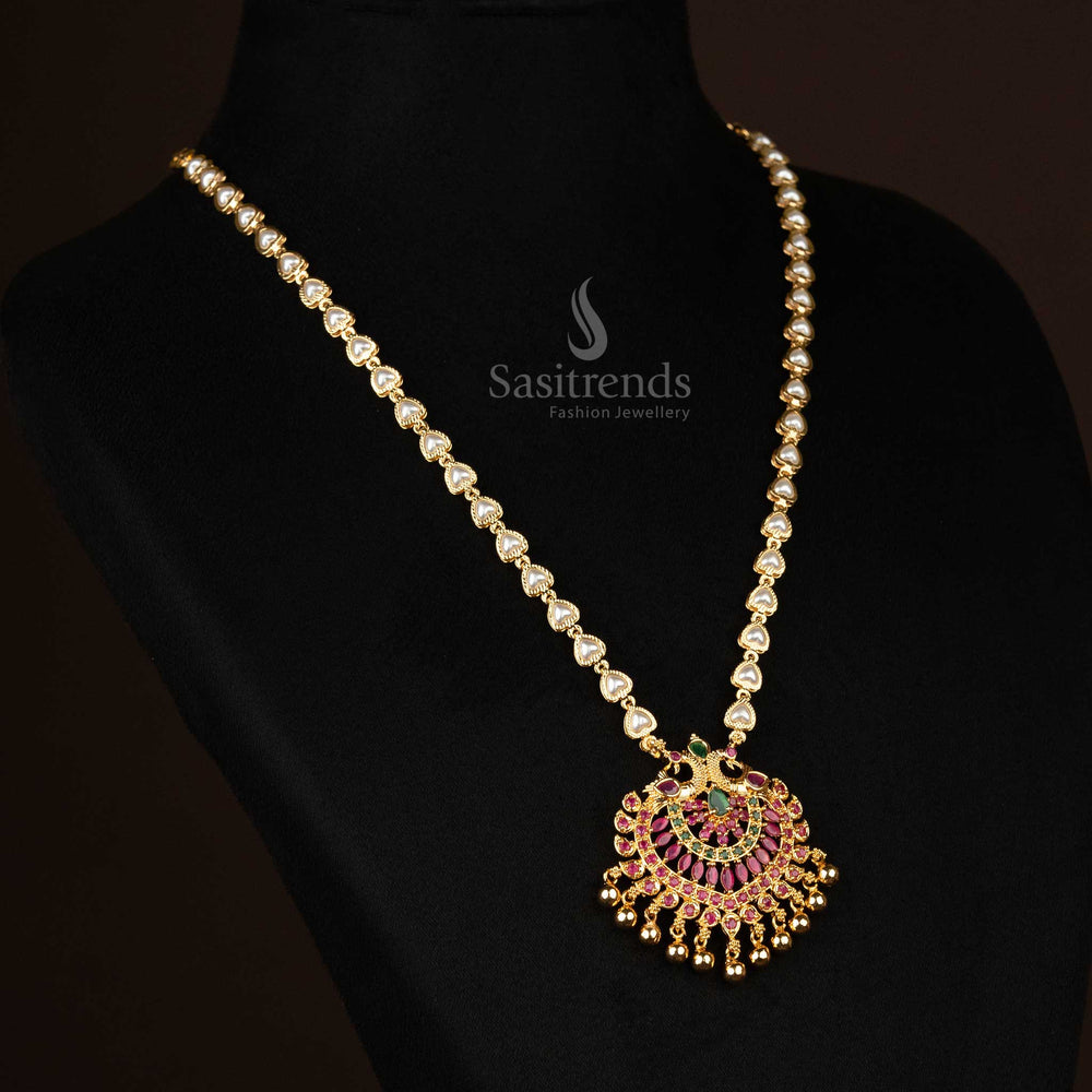 Graceful pearl chain necklace with ruby-green peacock AD stone pendant - Sasitrends