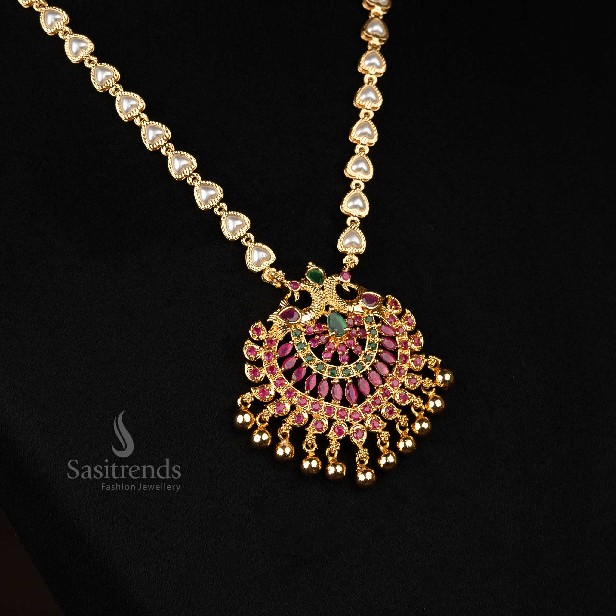 Attractive Guaranteed Micro Gold Plated Pearl Necklace with AD Stone Peacock Pendant Jewellery For Women - Sasitrends