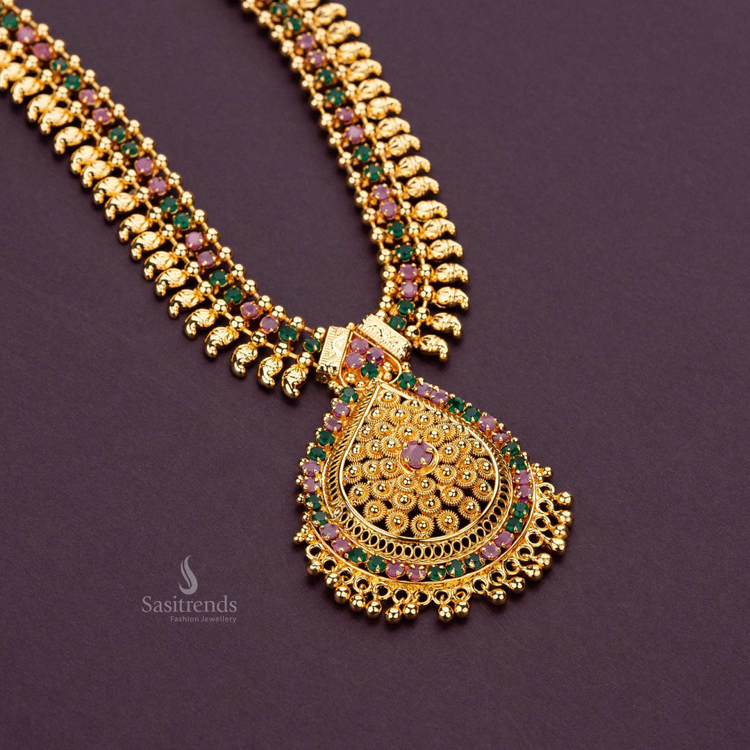 Micro gold-plated Ruby-Green long haram necklace with golden ball hangings