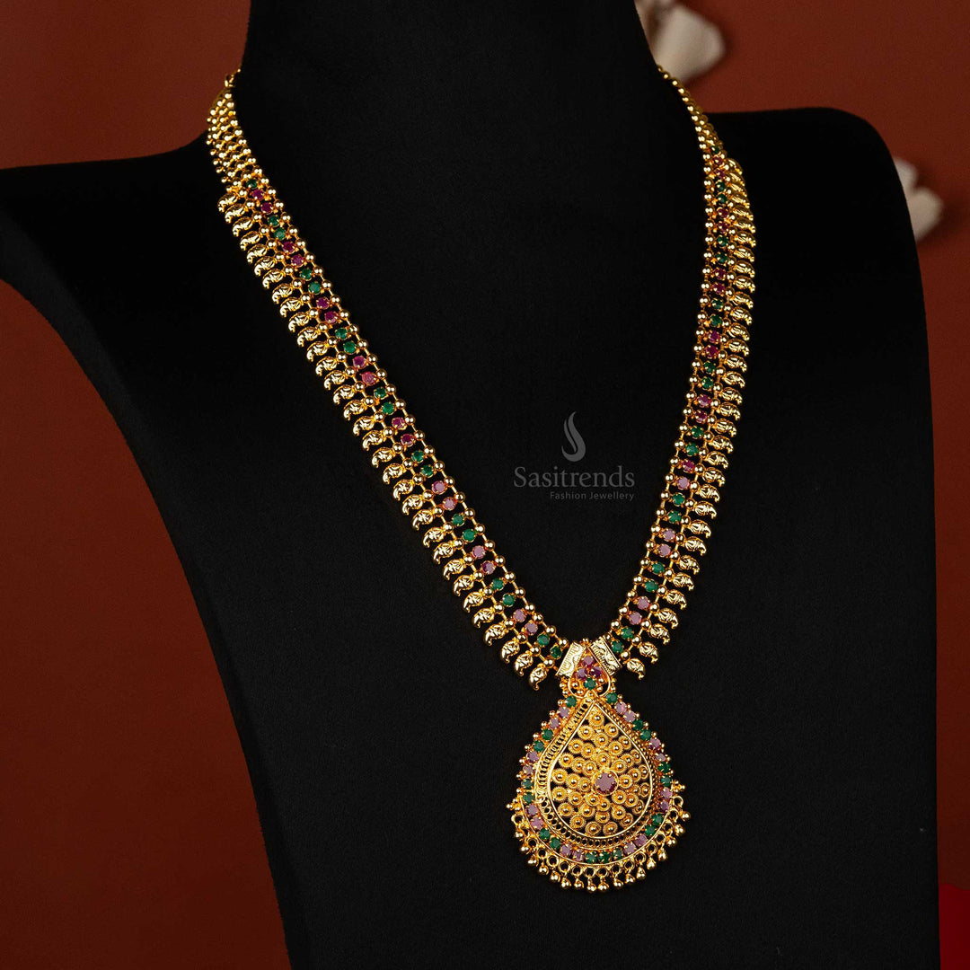 Traditional Ruby-Green gold haram necklace with teardrop pendant design