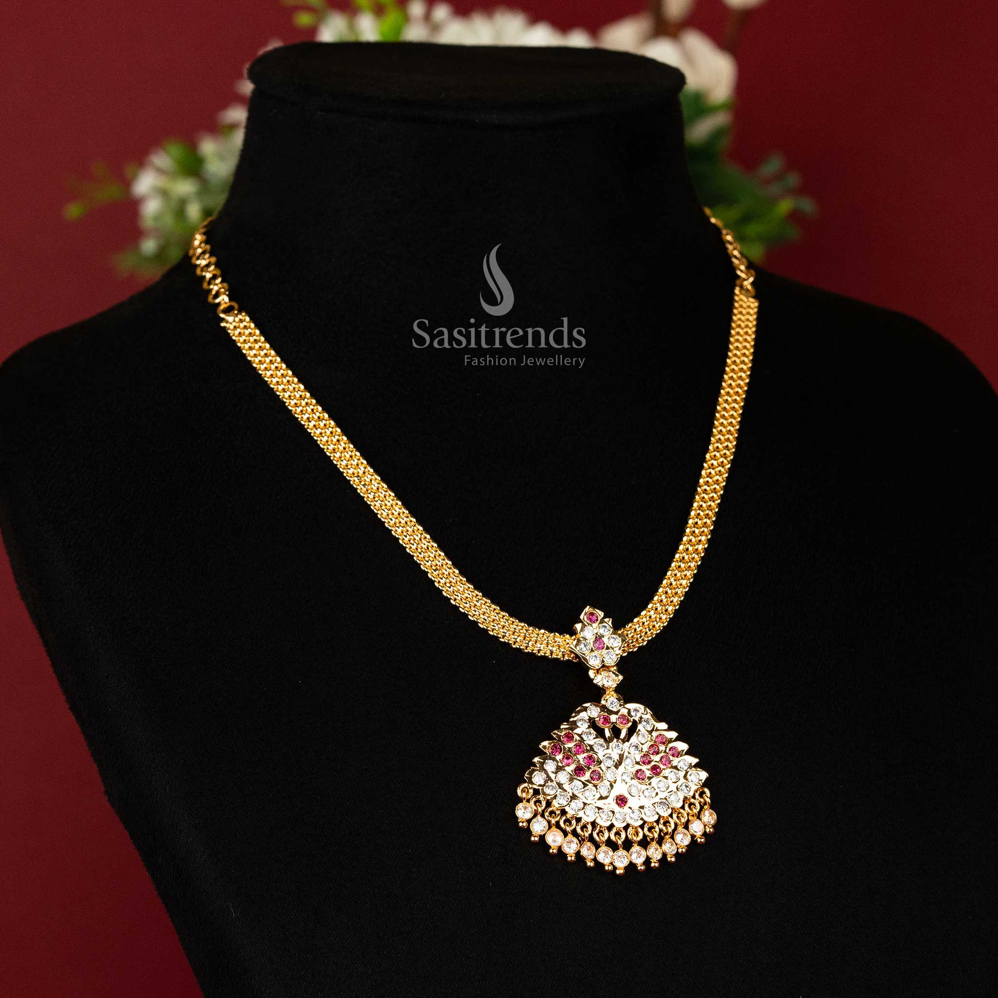 Attractive one gram micro gold plated multi ad stone stud peacock designer impon necklace - Sasitrends