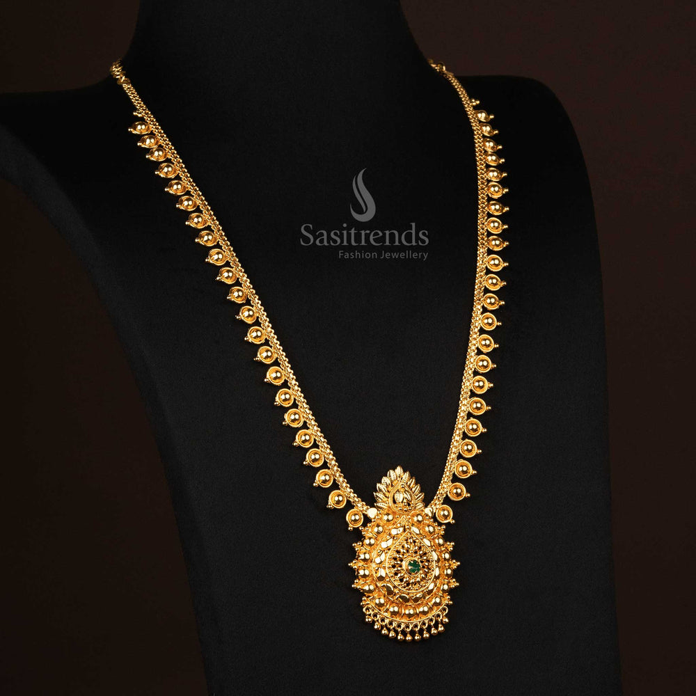 Beautifully designed long necklace with micro gold plating, featuring floral patterns and green AD stone accents for a classic look - Sasitrends