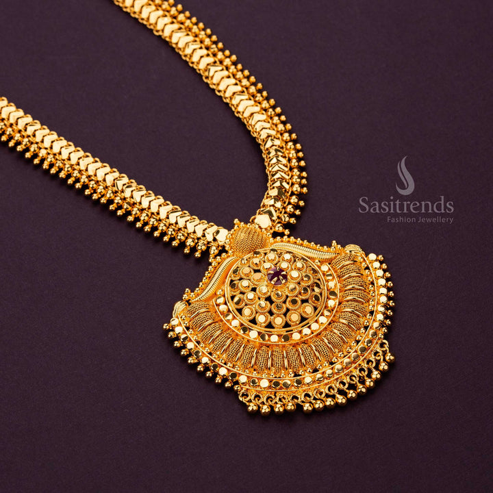 Traditional Elegance Micro Gold Plated Long Necklace with Ruby AD Stone - Sasitrends