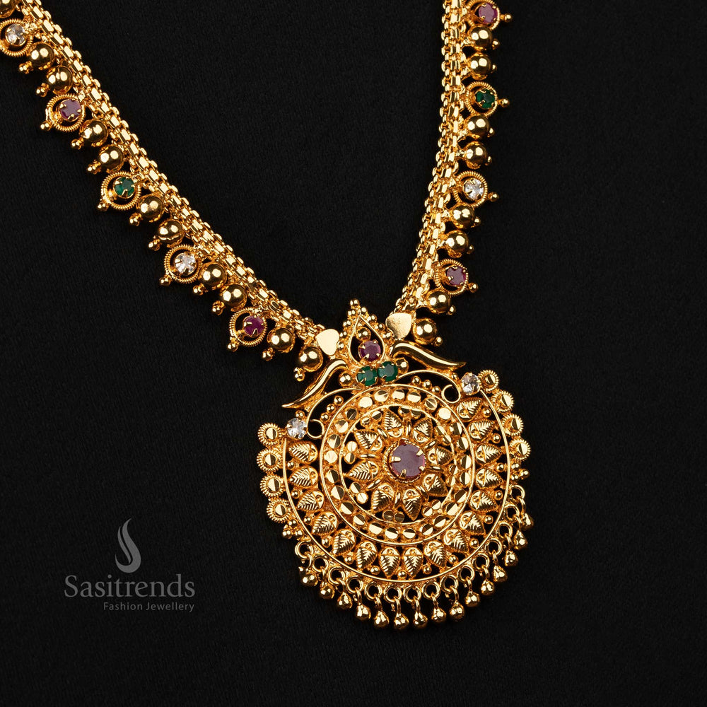 An exquisite micro gold-plated South Indian long necklace with a vibrant multi-stone pendant, ideal for weddings and festivals - Sasitrends