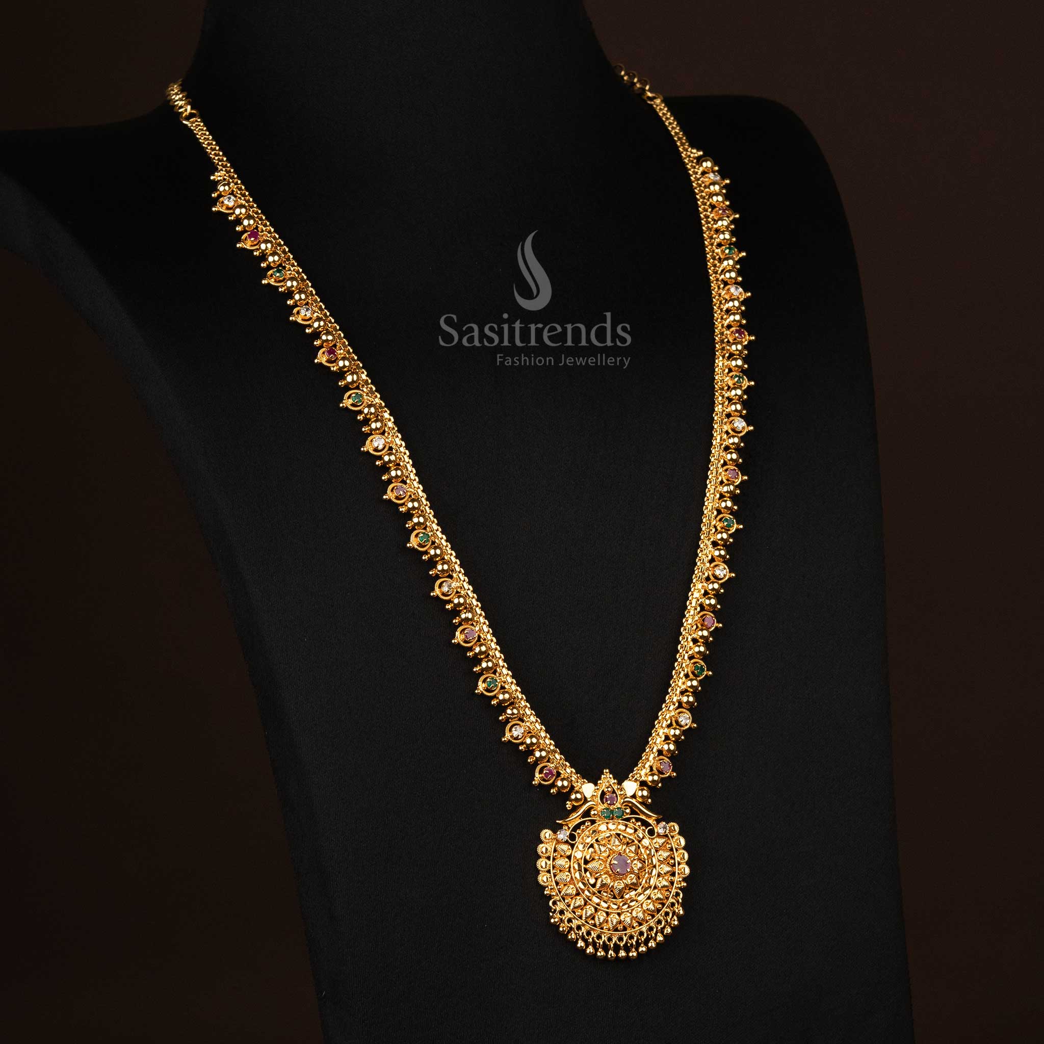 A regal South Indian long necklace with micro gold plating, featuring an intricate multi-stone pendant, perfect for traditional and festive occasions - Sasitrends