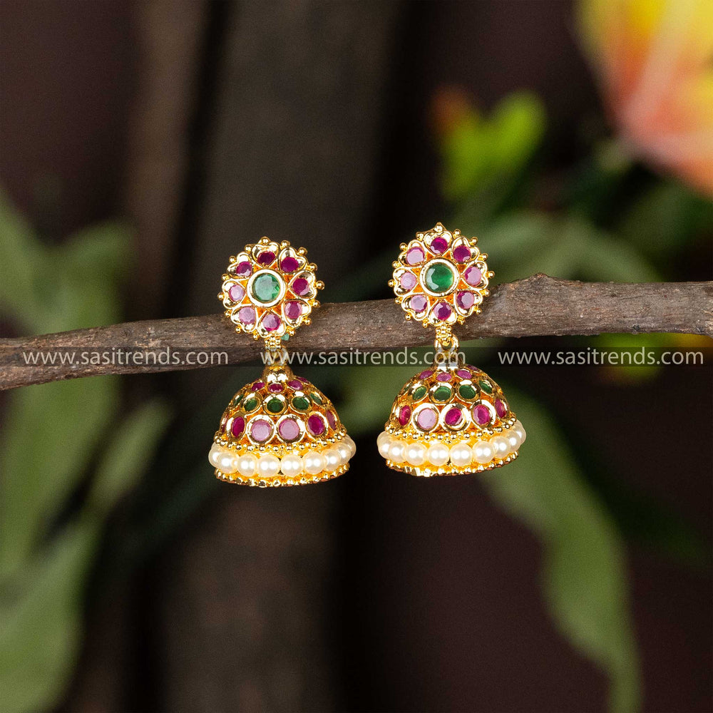 Guaranteed Micro Gold Plated One Gram Gold AD Stone Jhumka Earrings