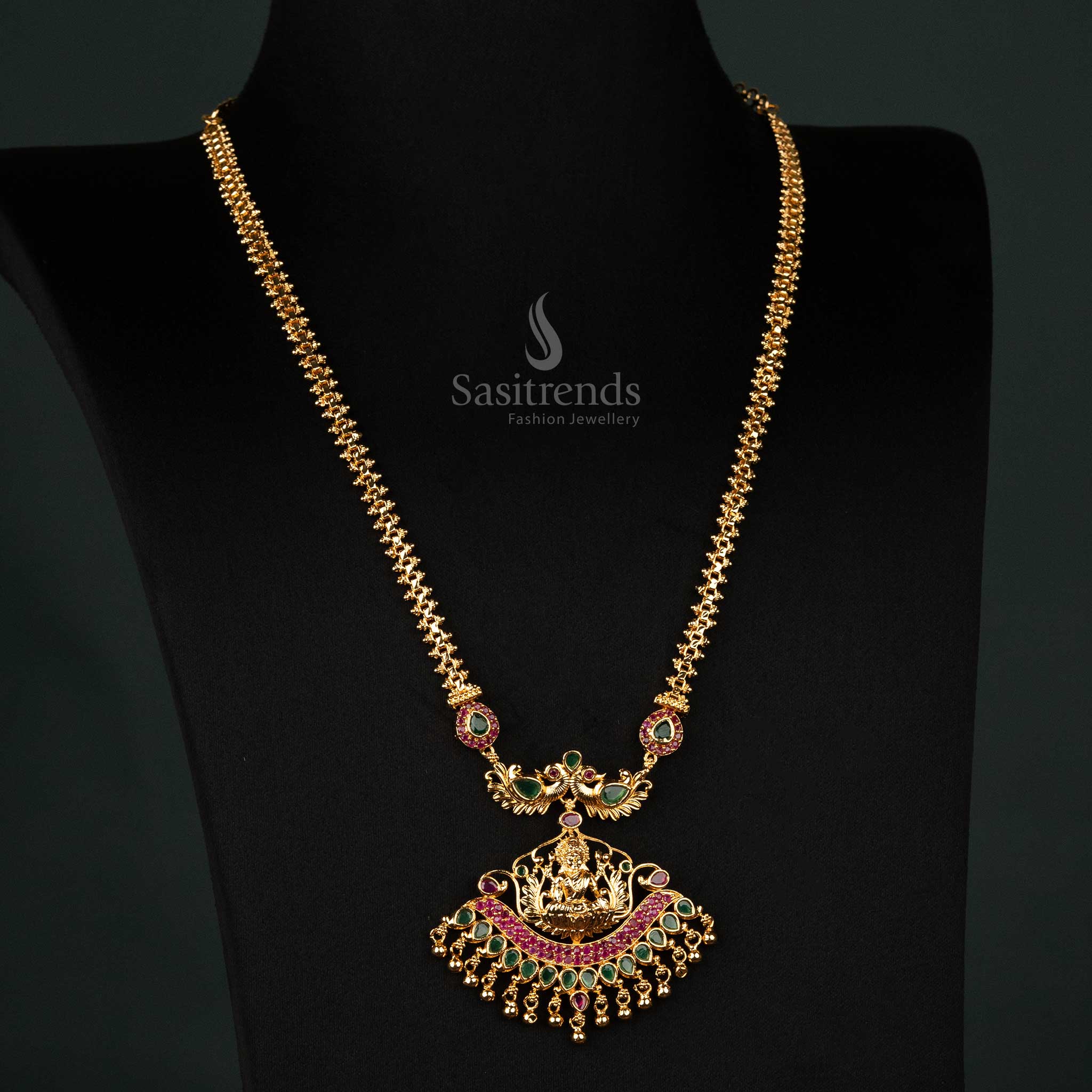 Long micro gold plated Lakshmi pendant necklace with AD stones and Gajiri chain - Sasitrends