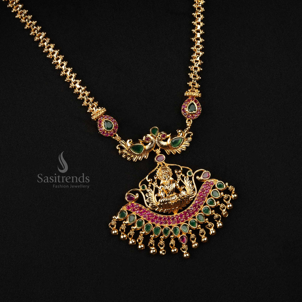 Gold plated long Lakshmi necklace with Gajiri chain and intricate carvings - Sasitrends