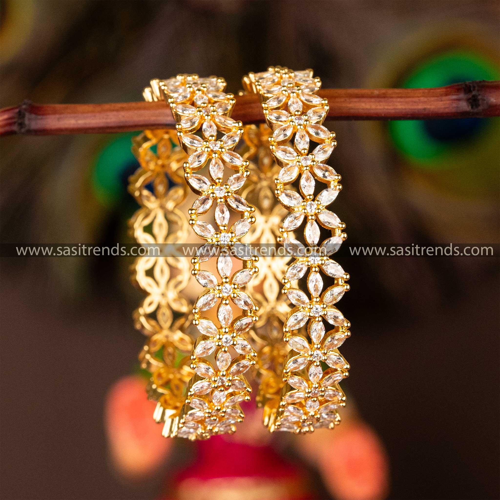 Traditional Wear Micro Gold Plated AD Zircon Stone Studded Cubic Bangles Sasitrends Online Shopping