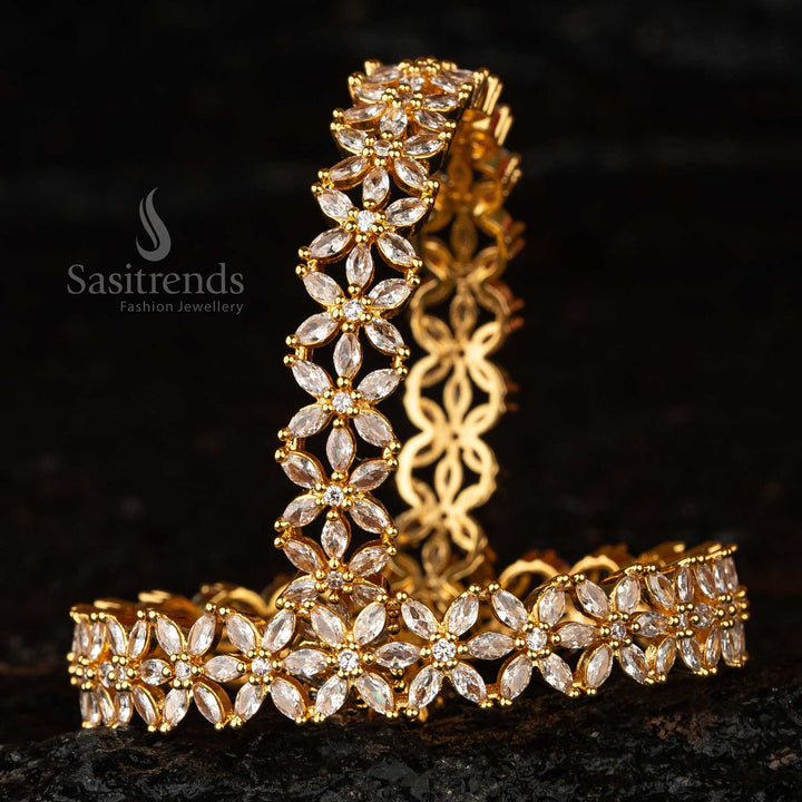 Beautiful American diamond bangles in micro gold plating with cubic zirconia, designed for an elegant and radiant finish - Sasitrends