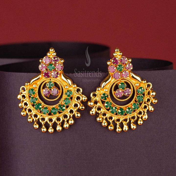 Ruby-Green AD Stone Studded Gold Plated Stud Tops Earrings