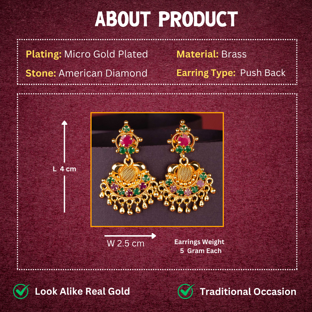 Luxurious Ruby Green One Gram Micro Gold Plated Guaranteed Earrings Measurement