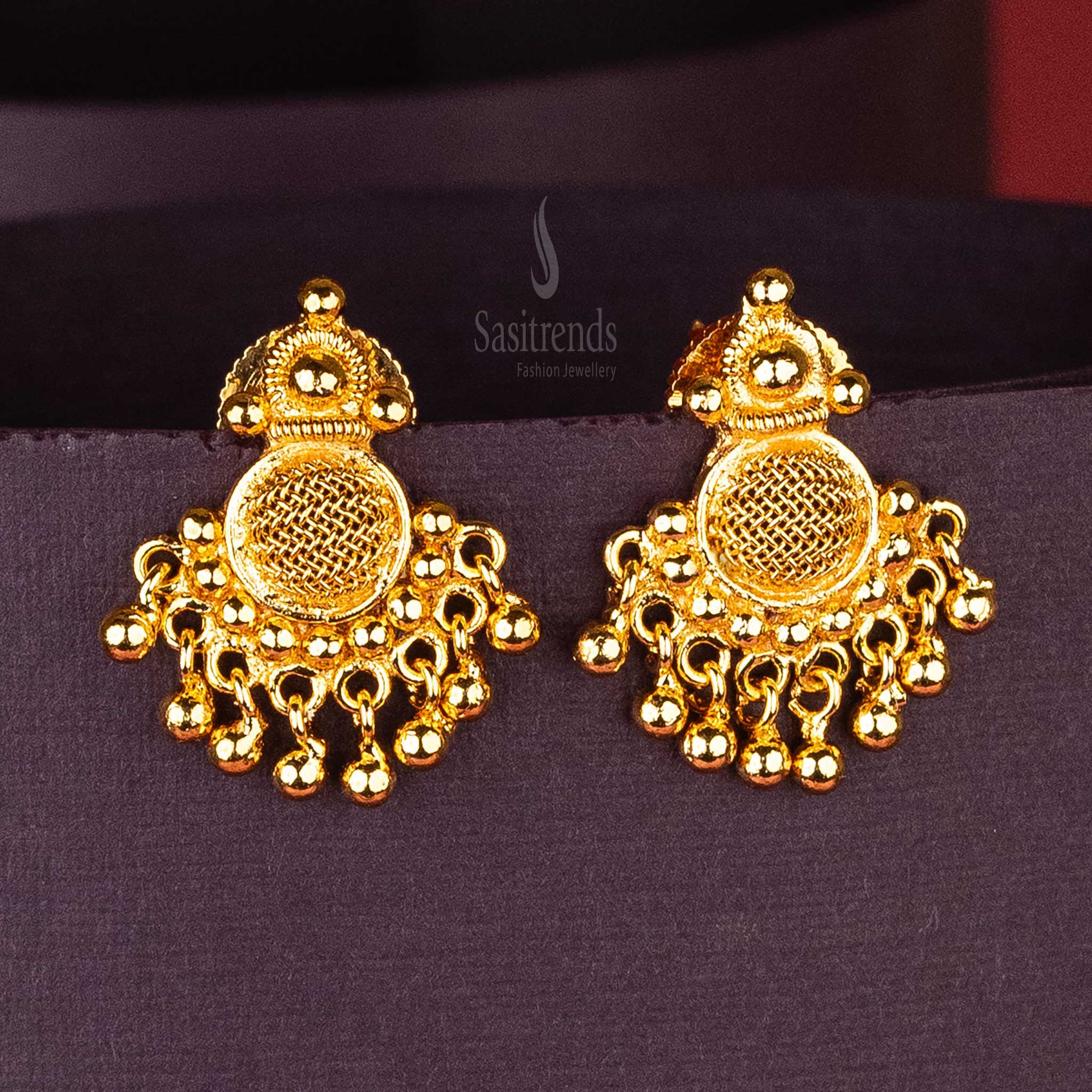 Plain Round Mesh Earrings with Golden Balls – Simple Elegance in Gold Plating