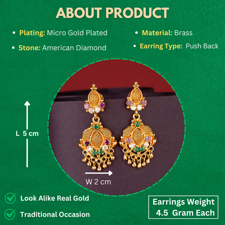 Multi Stone Color Micro Gold Plated Guaranteed Earrings Sasitrends Measurement Details.