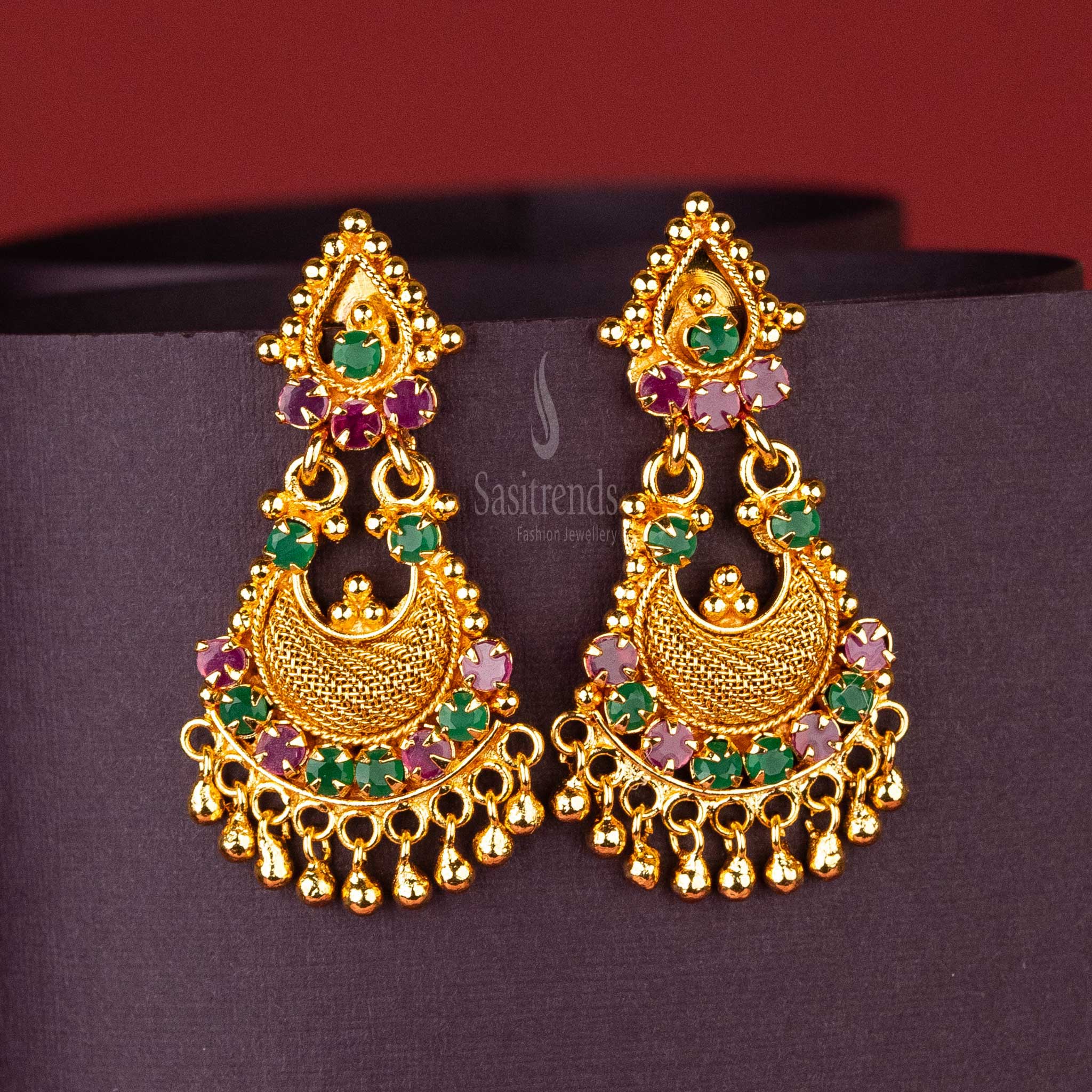 Crescent Moon Ruby-Green AD Stone Earrings - 24K Gold Plated 