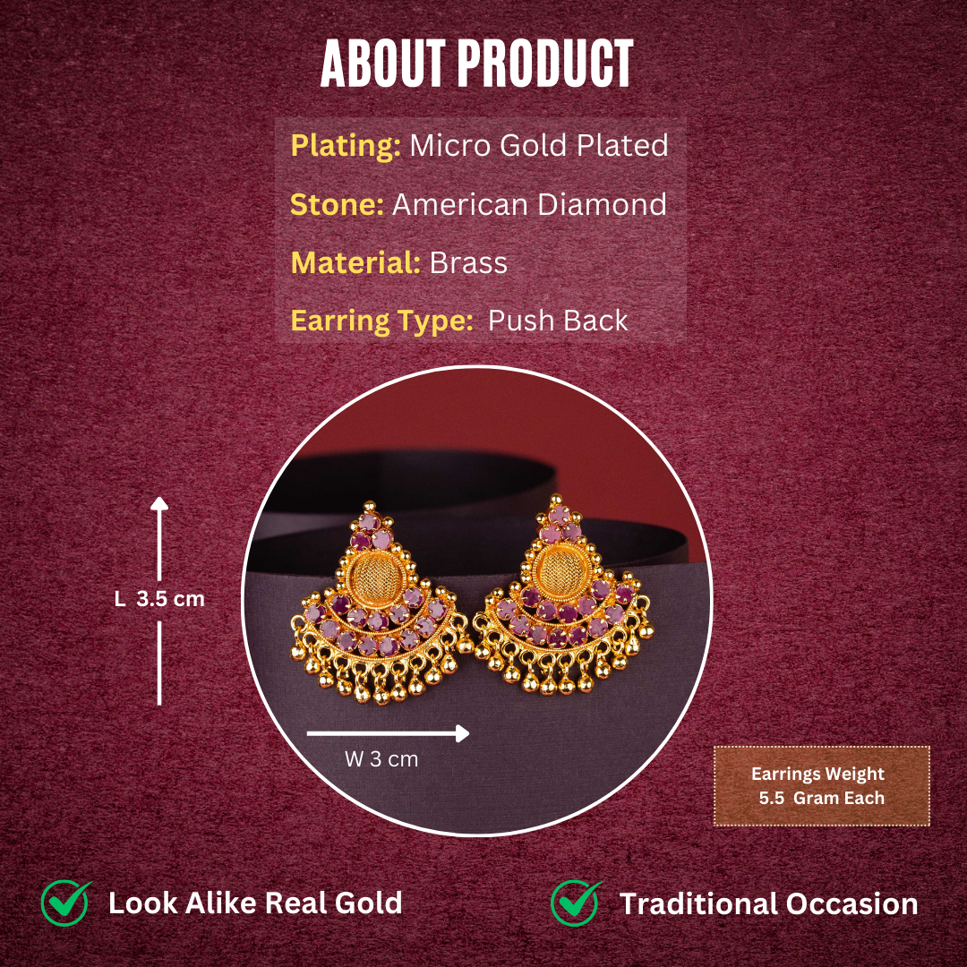 Traditional Micro Gold Plated Ruby Stone Studded Earrings Measurement Details Sasitrends