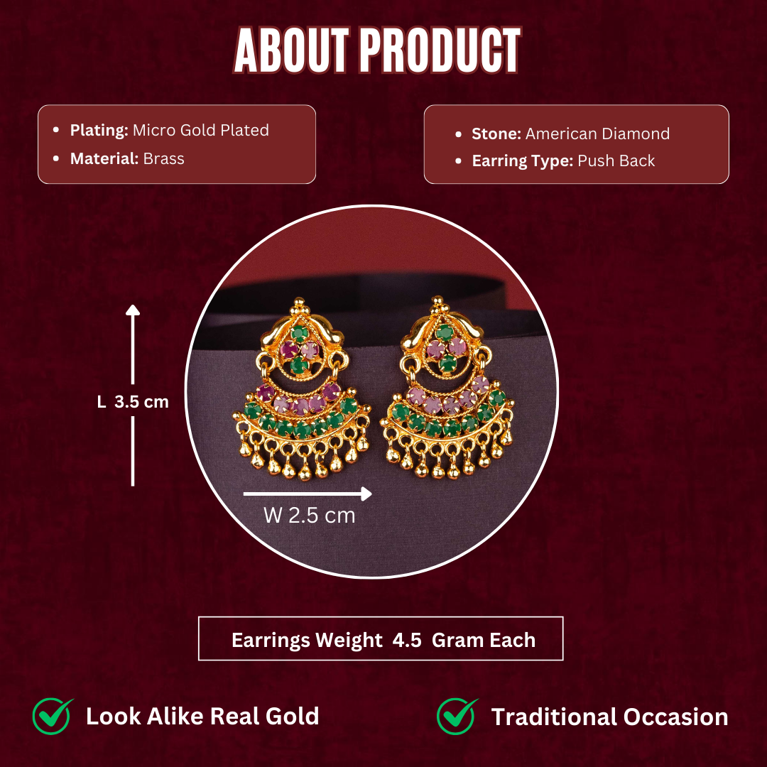 Traditional Micro Gold Plated Ruby Green Stone Push Back Earrings Measurement Details Sasitrends