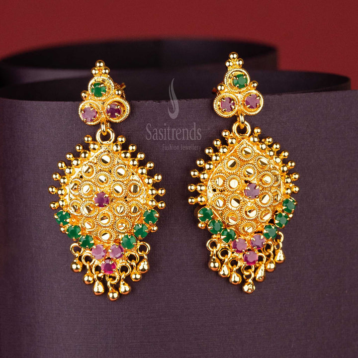 Stylish ruby-green AD stone teardrop earrings with micro gold plating