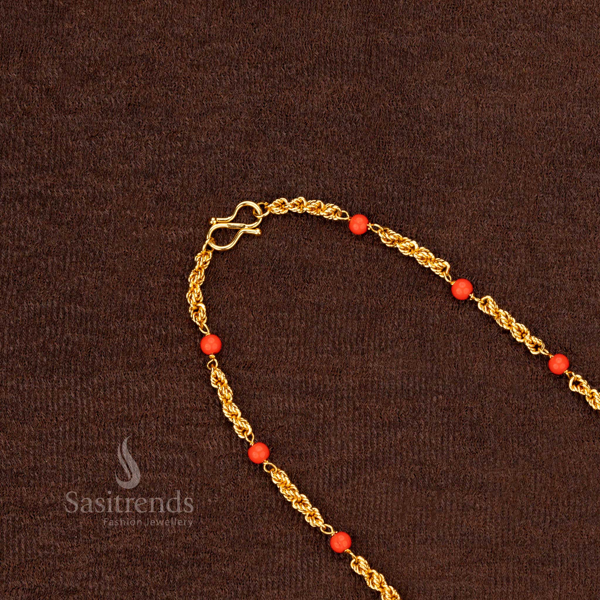 One Gram Gold Plated Mangalorean Chain featuring vibrant coral beads for a traditional look – Sasitrends