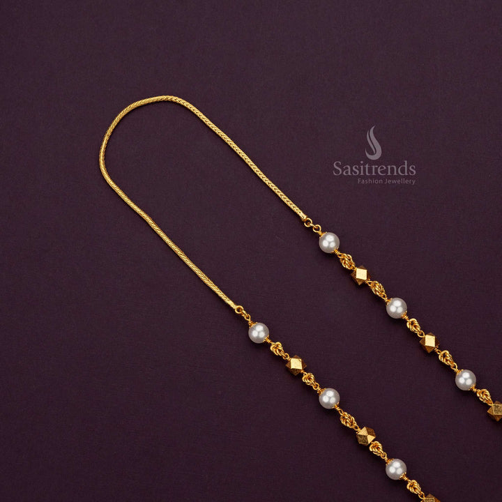 Close-up view of the elegant pearl mala chain with gold plating - Sasitrends