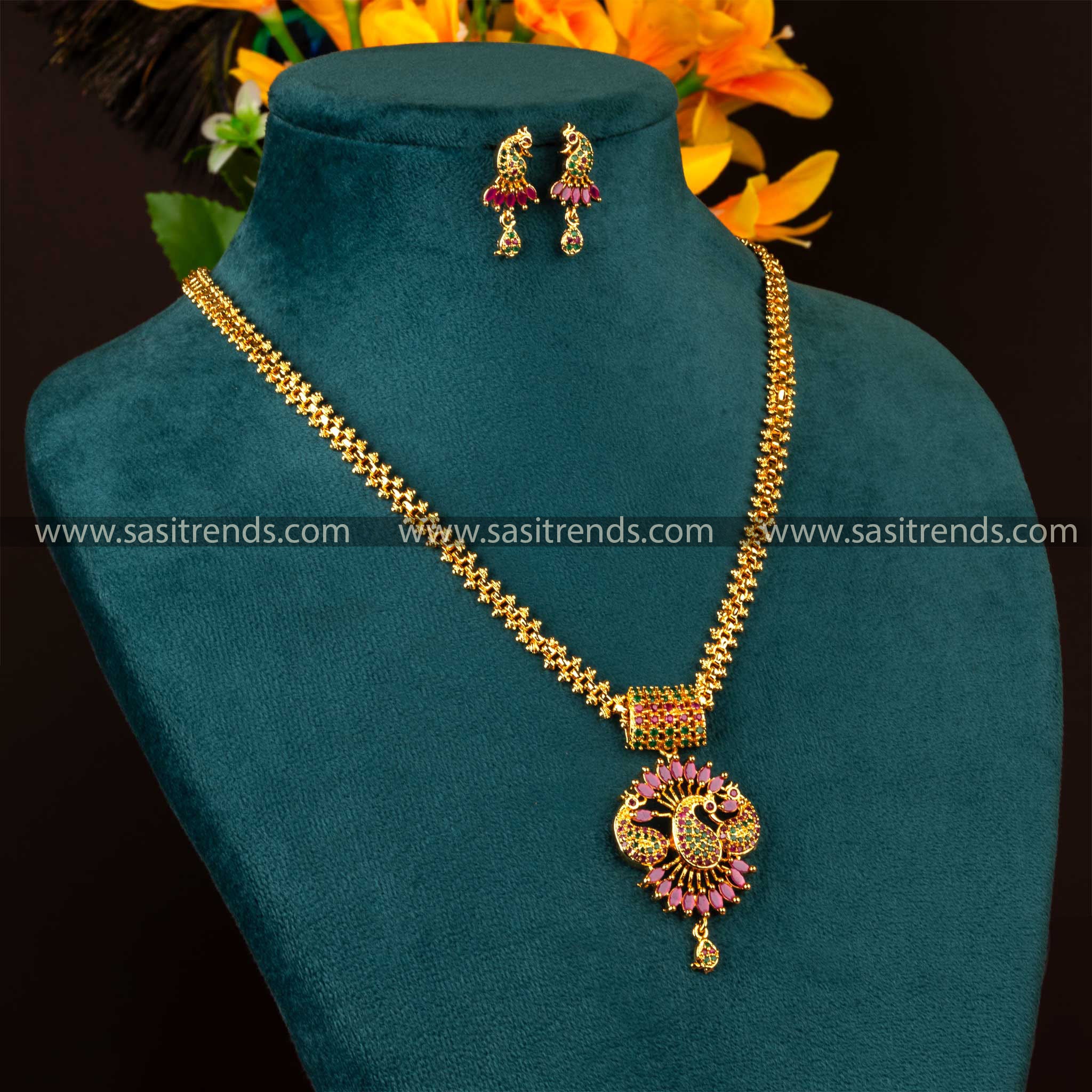 Gorgeous Long Peacock Pendant Chain - Micro Gold Plated Brass Jewelry Studded with AD Stones 