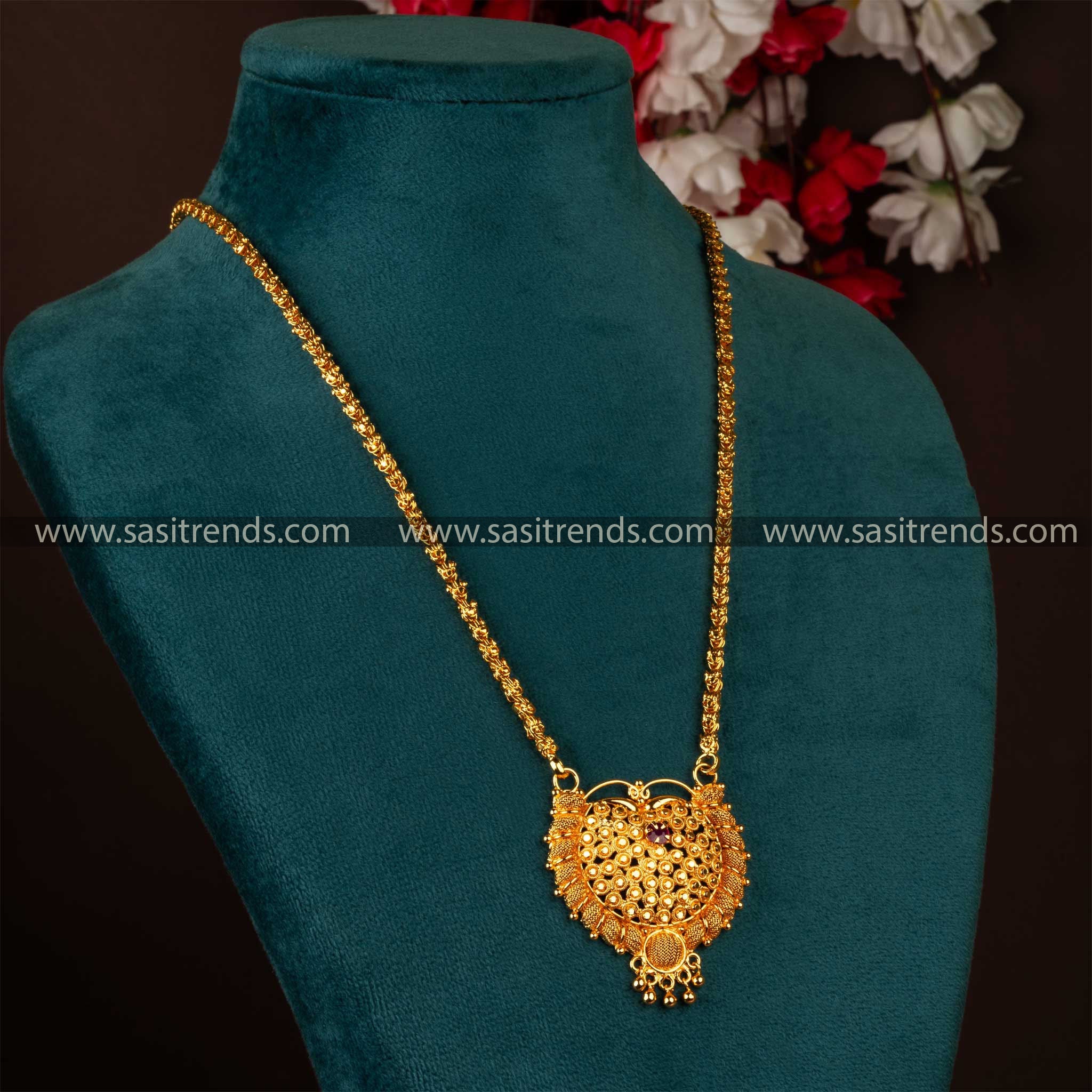 One gram micro gold plated Dasavatharam pendant chain necklace in ruby color, heart-shaped pendant with AD stone