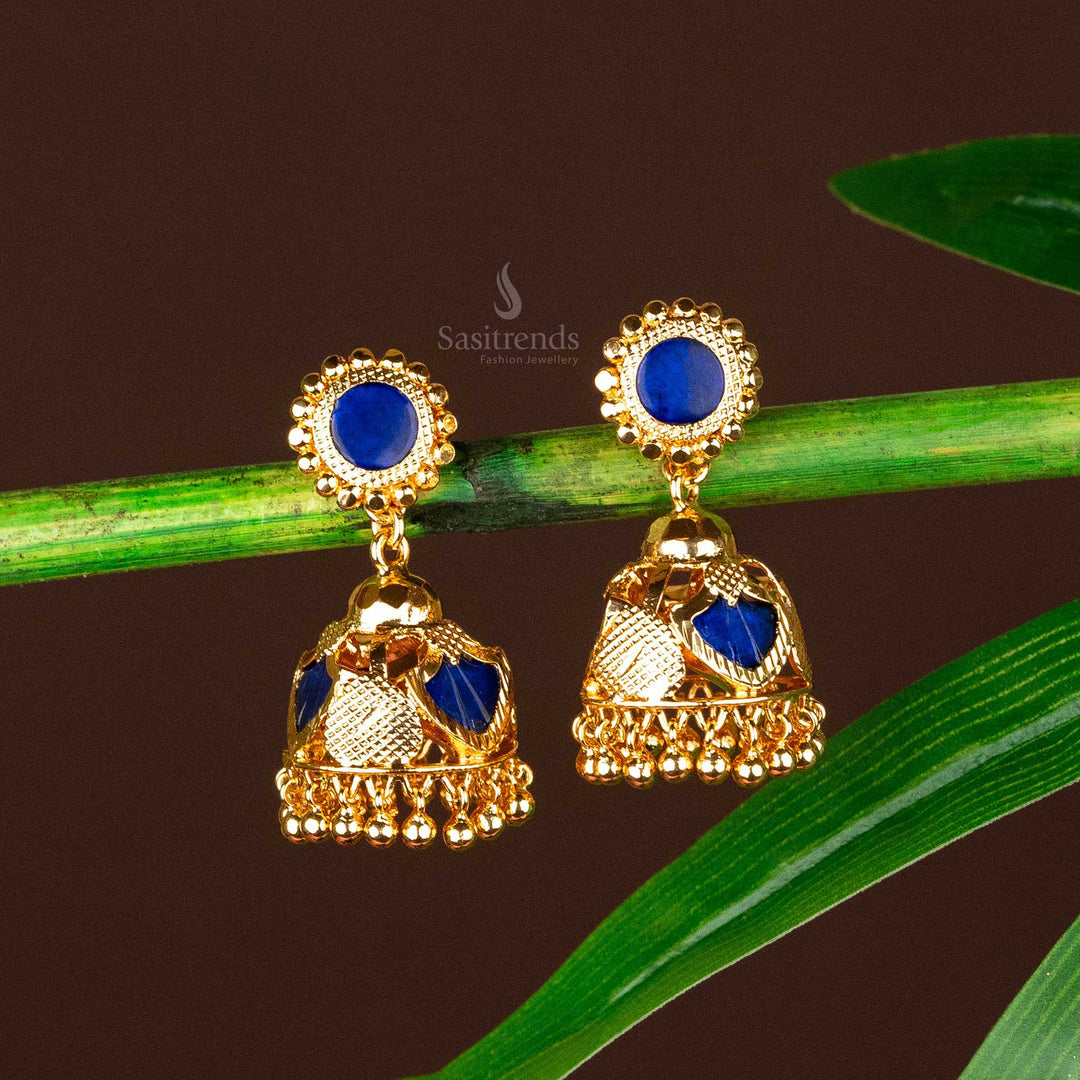 Guaranteed Micro Gold Plated kerala Blue Palakka Jhumka Earrings 