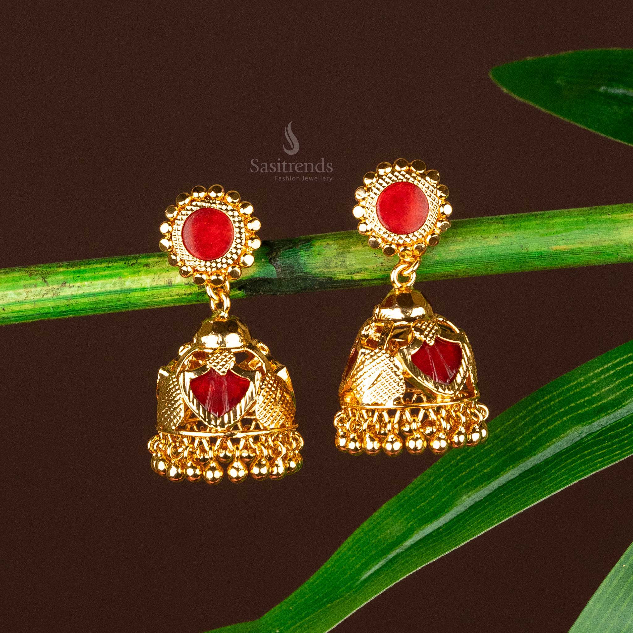 Guaranteed Micro Gold Plated Red kerala Palakka Jhumka Earrings Sasitrends