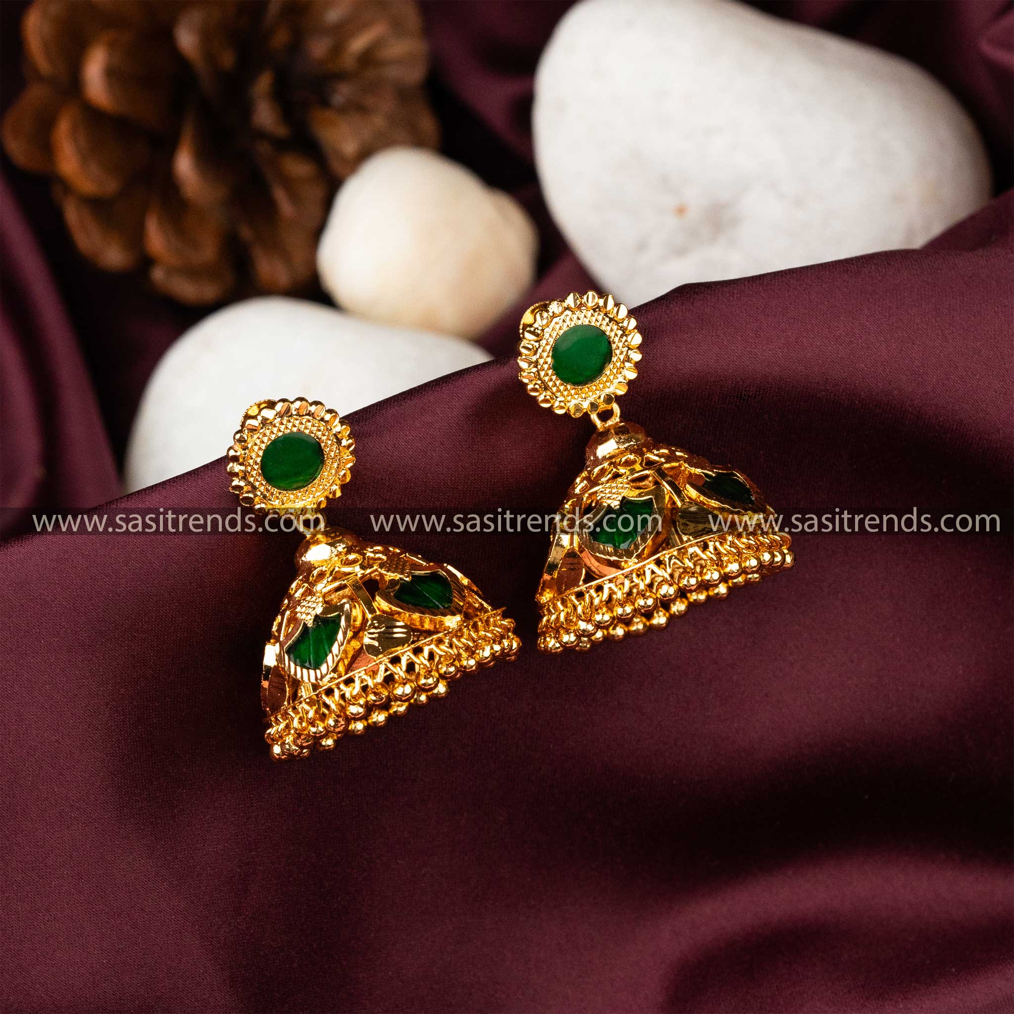 Traditional one gram micro gold plated five katta stone kerala palakka jhumka earrings sasitrends