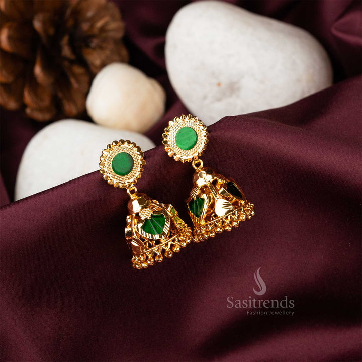 Green stone Palakka Jhumka earrings with a micro gold-plated 3 Katta design and elegant golden ball accents - Sasitrends