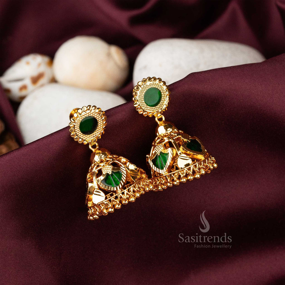 Classic Kerala-inspired Palakka Jhumka earrings adorned with green stones, and a micro gold finish - Sasitrends