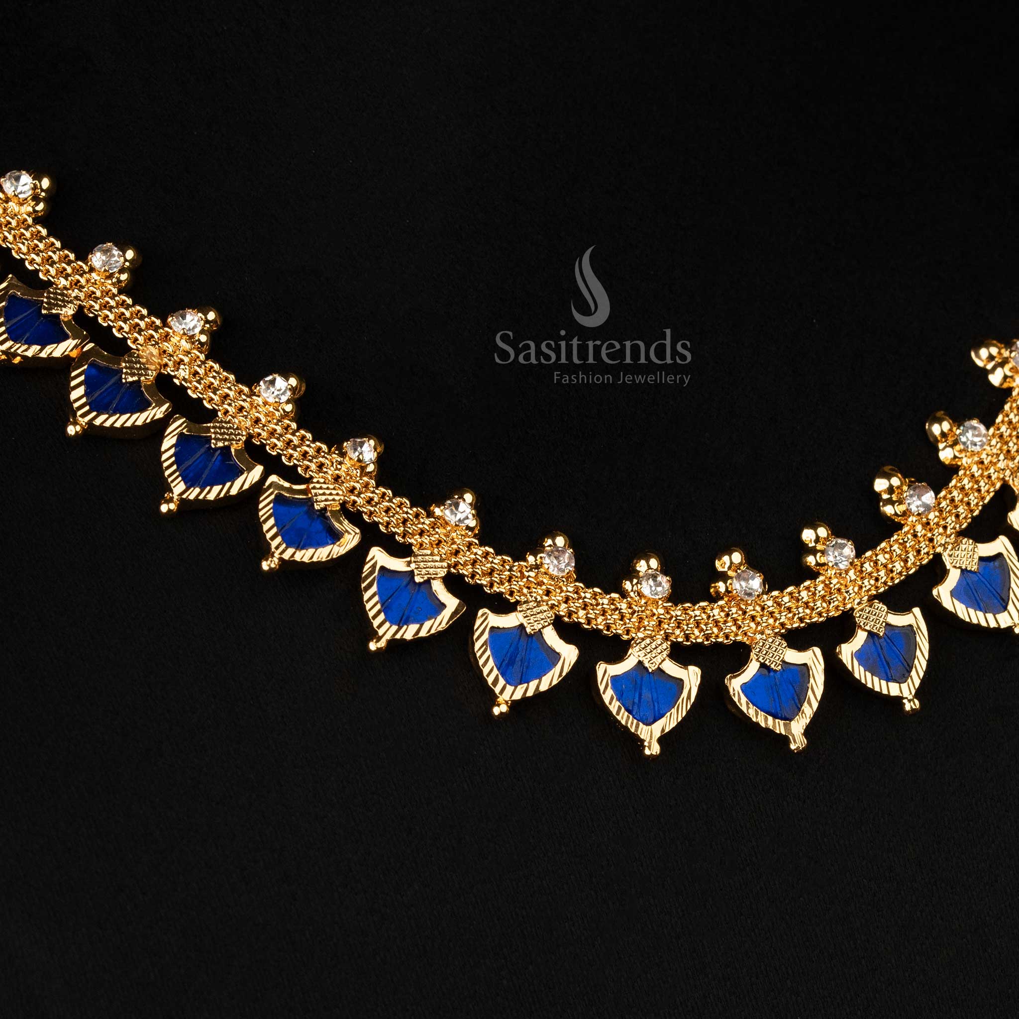 Stylish Palakka design necklace with blue accents and gold plated finish - Sasitrends