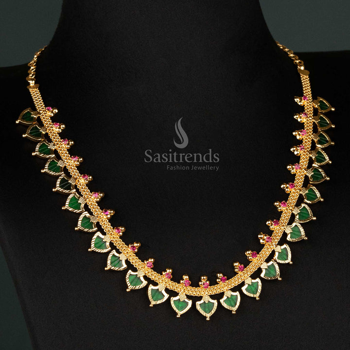 Traditional Palakka Design Necklace with Pink Stones - Micro Gold Plated