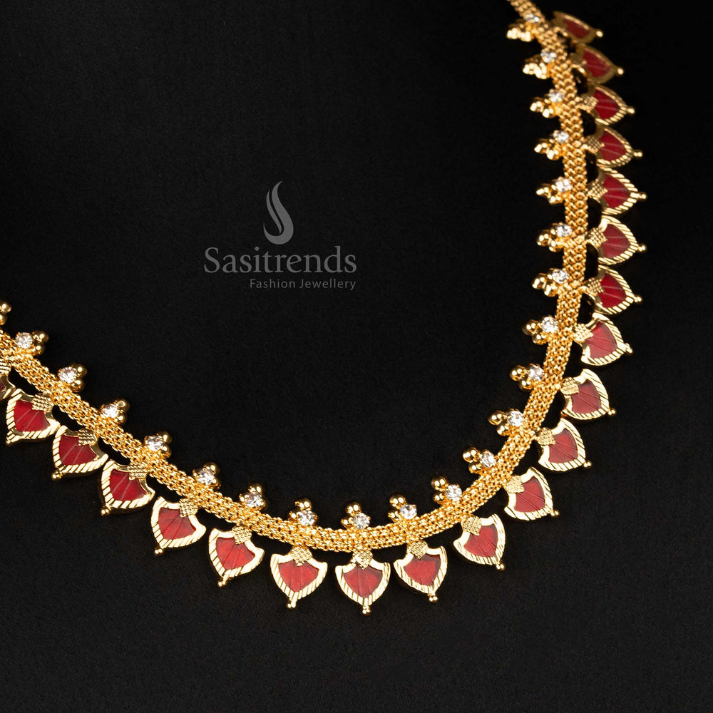 One Gram Micro Gold Plated Palakka Necklace with 25 Petal red Palakka Stones and white Stones - Perfect for Celebrations