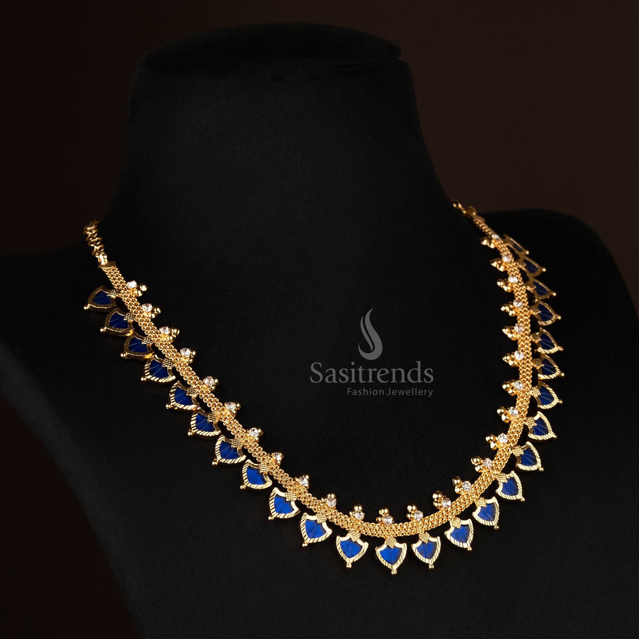 Elegant blue stone Palakka necklace with intricate gold plated finish - Sasitrends